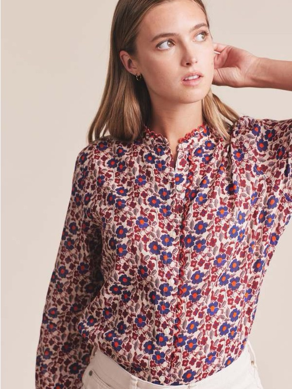 Floral Button-Front Blouse in Cream and Red